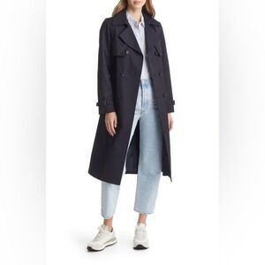 UTY Apparel Long Trench Coat Dark Blue Double Breasted Self Tie Lined Size 14